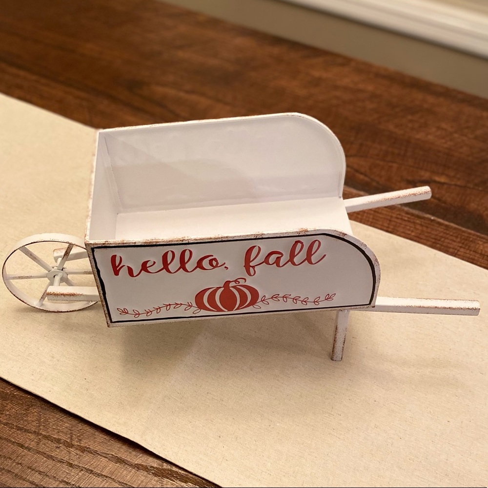 Fall Decor, Hello Fall Wheelbarrow Decor, Fall Metal Wheelbarrow Centerpiece - Picture 9 of 16
